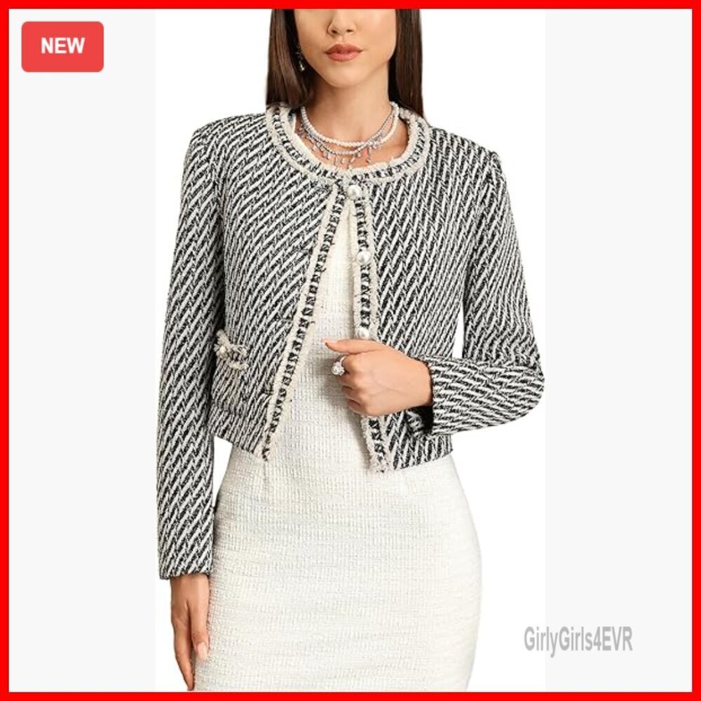 Cropped Tweed Blazer with Pockets, Long Sleeve Collarless Cardigan